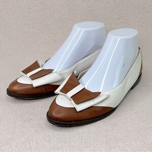 Vintage Bertie Leather Bow Flats Loafers-Cream/Brown-Women’s 7-Vtg-Retro-Classic